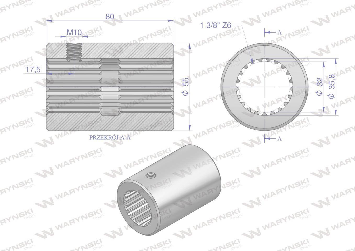 Tuleja, WOM łącząca frezowana 80mm Z21 - 1 3/8, Waryński W-3622080 - zdjęcie 2