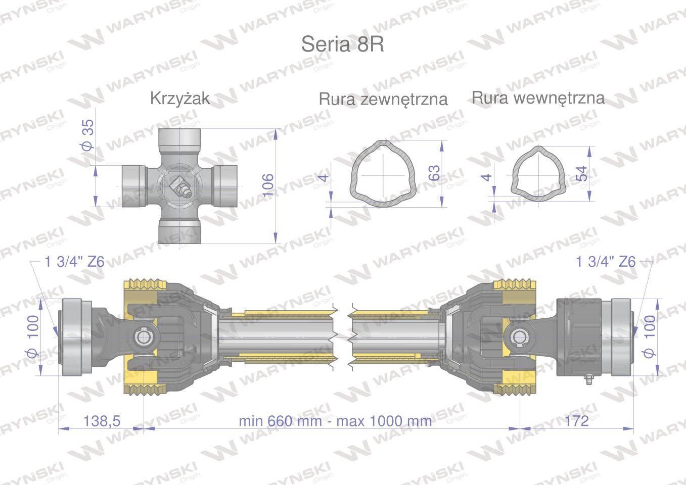 Wał, przegubowo-teleskopowy 660-1000mm 1240Nm Z6 - 1 3/4 z drugiej strony s - zdjęcie 3