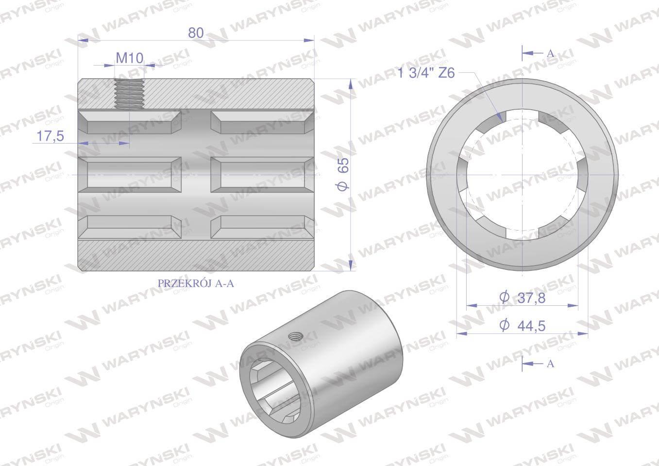 Tuleja, WOM łącząca frezowana 80mm Z6 - 1 3/4, Waryński W-3652080 - zdjęcie 2