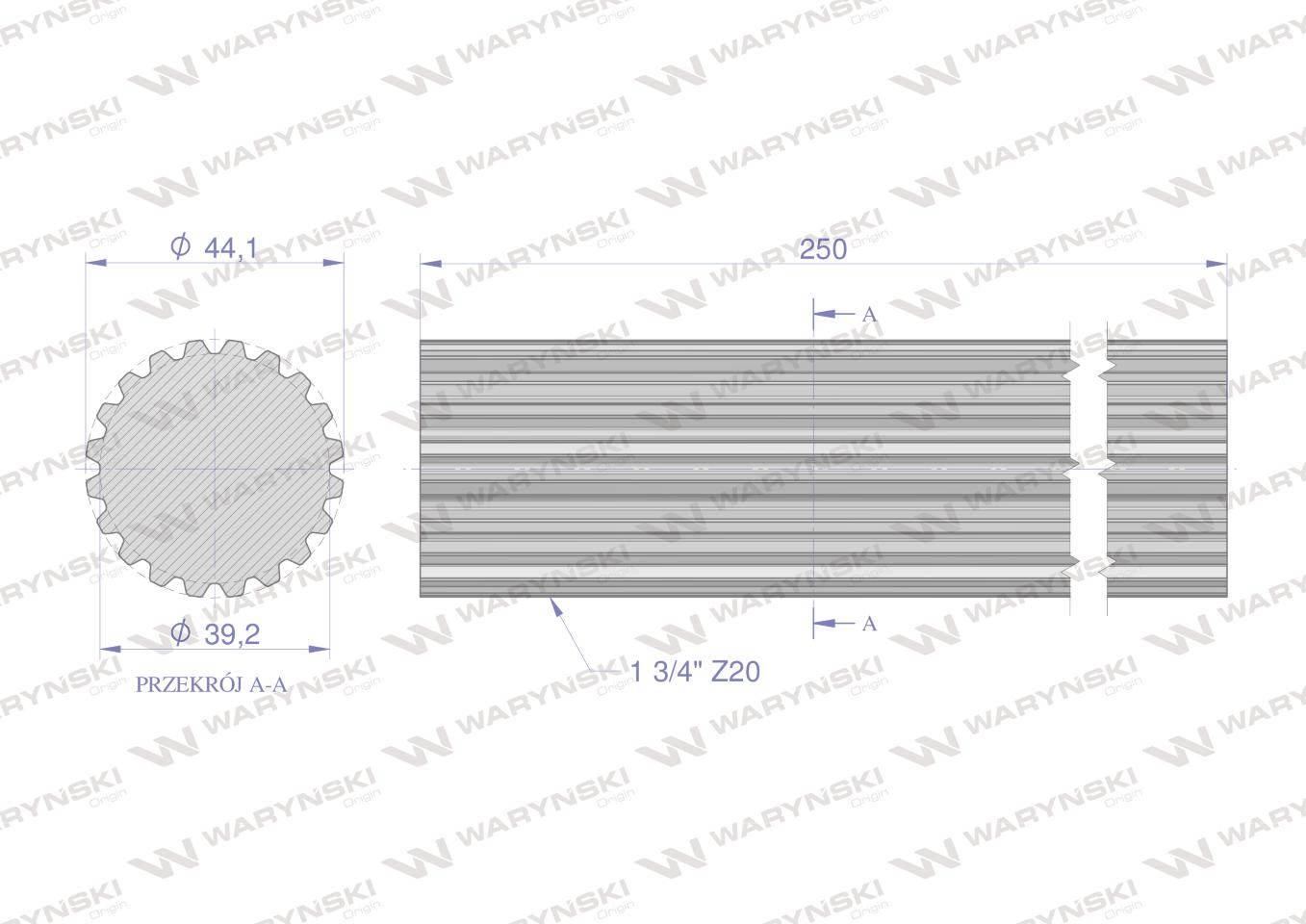 Wałek, WOM frezowany całościowo 250mm Z20 - 1 3/4, Waryński W-3470250 - zdjęcie 2