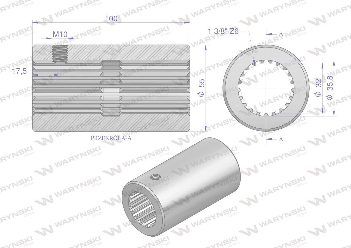 Tuleja, WOM łącząca frezowana 100mm Z21 - 1 3/8, Waryński W-3622100 - zdjęcie 2