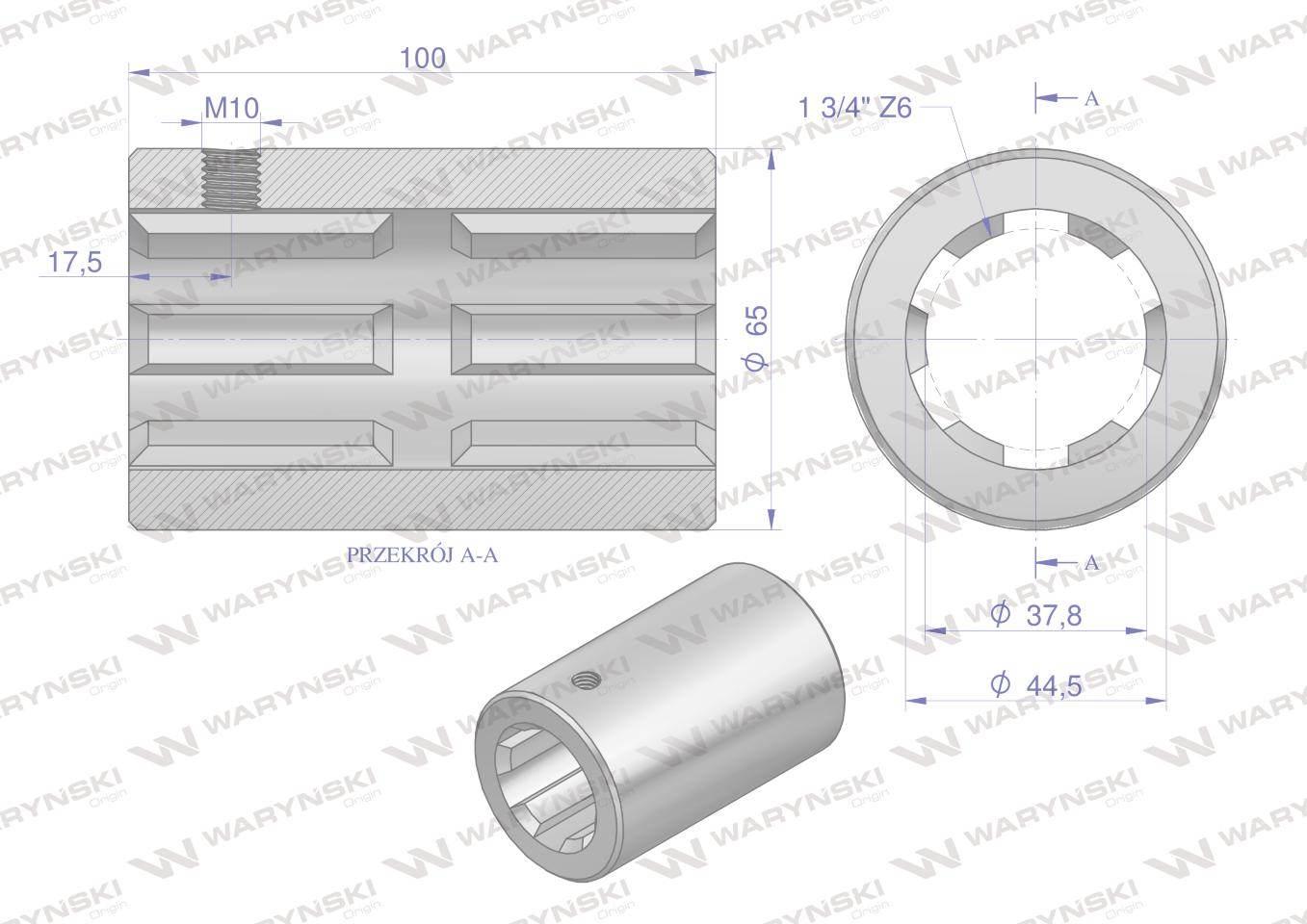 Tuleja, WOM łącząca frezowana 100mm Z6 - 1 3/4, Waryński W-3652100 - zdjęcie 2