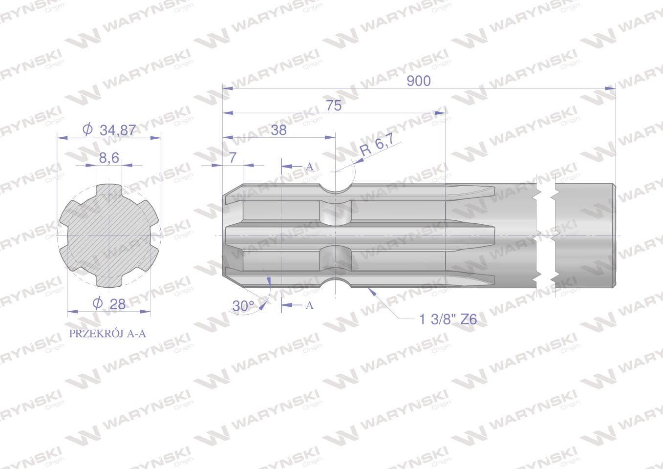 Wałek, WOM frezowany jednostronnie 900mm Z6 - 1 3/8, Waryński W-3210900 - zdjęcie 2