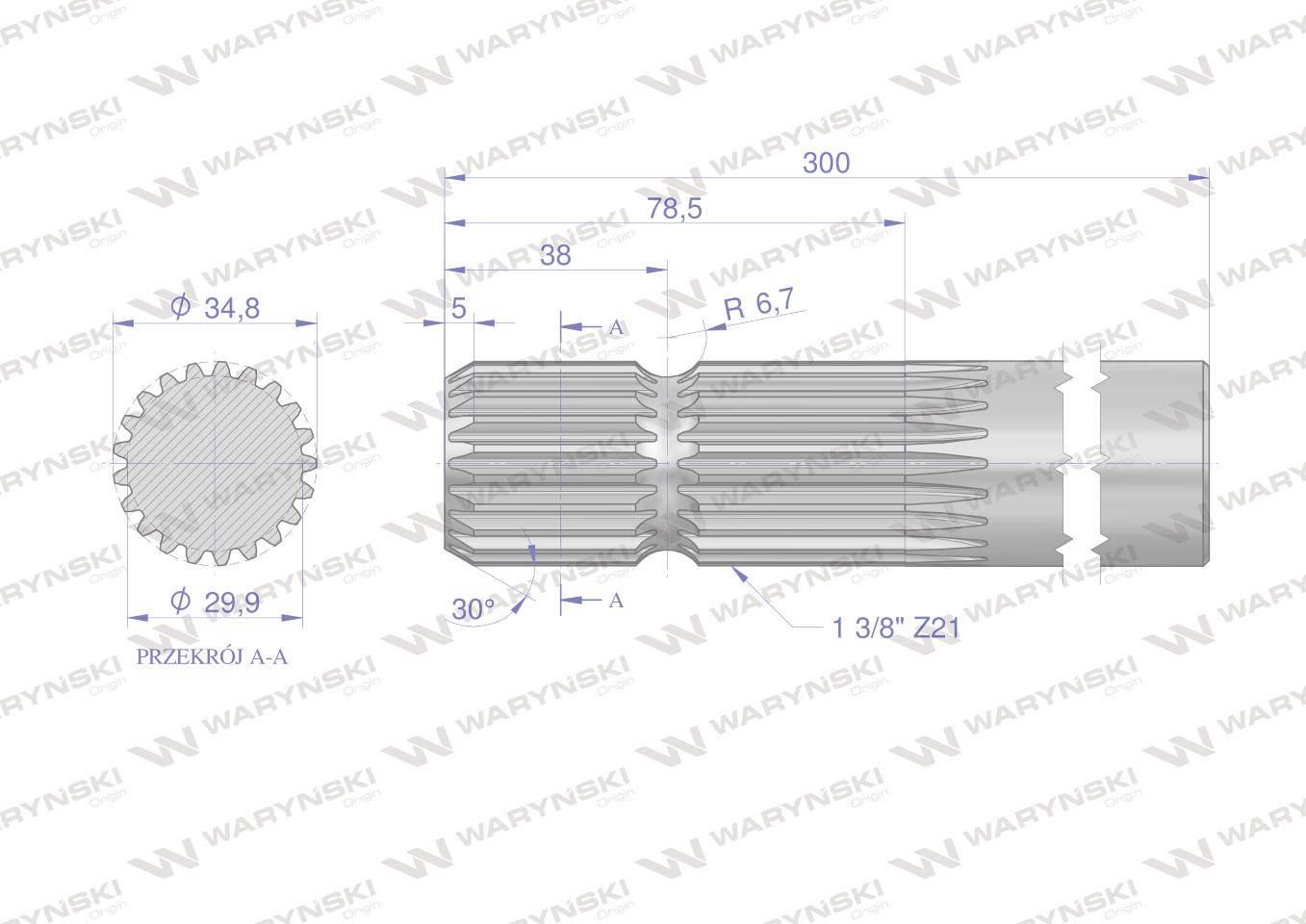 Wałek, WOM frezowany jednostronnie 300mm Z21 - 1 3/8, Waryński W-3220300 - zdjęcie 2