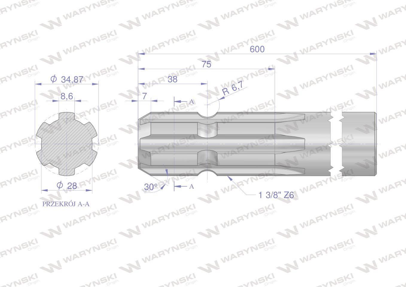 Wałek, WOM frezowany jednostronnie 600mm Z6 - 1 3/8, Waryński W-3210600 - zdjęcie 2