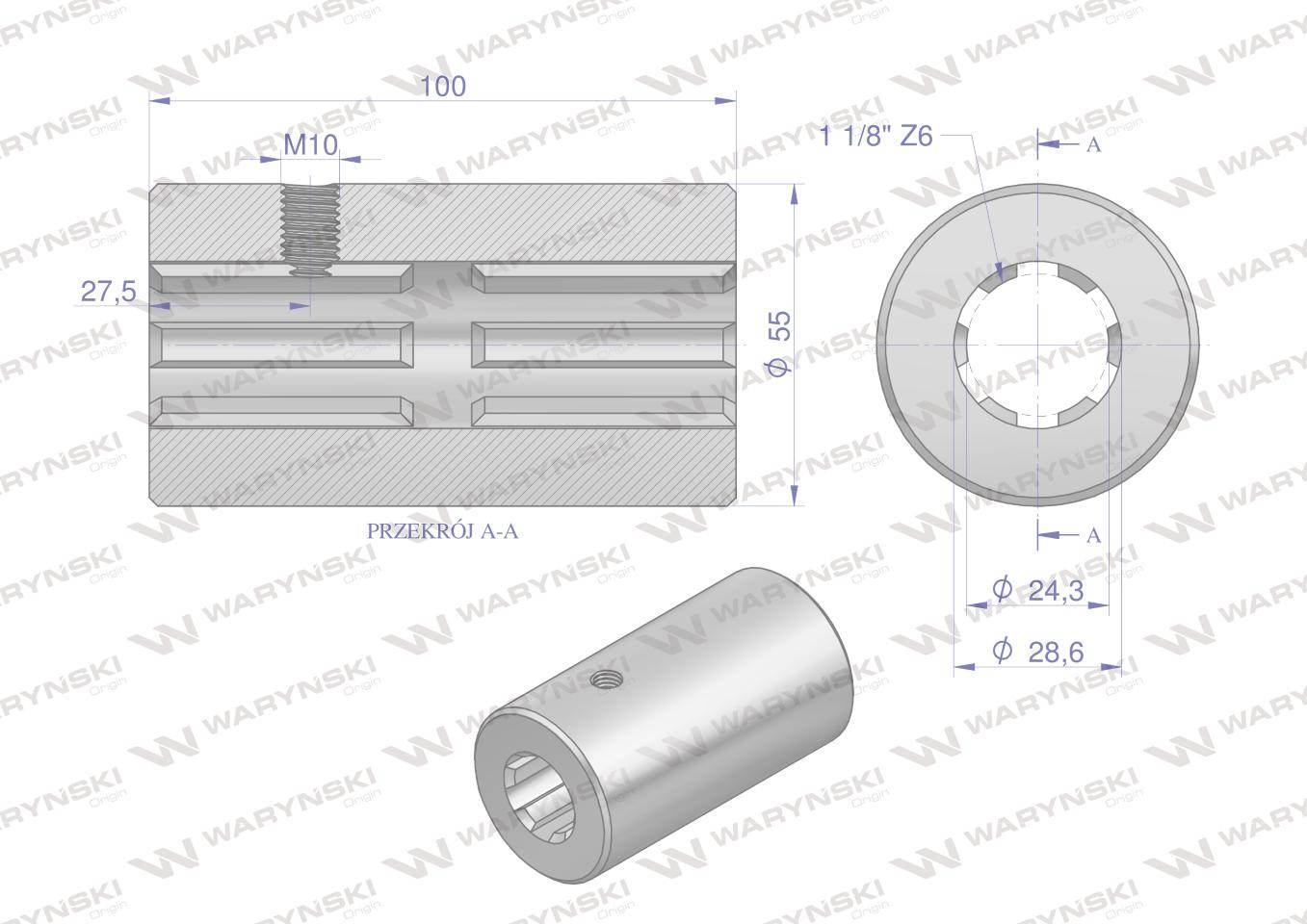 Tuleja, WOM łącząca frezowana 100mm Z6 - 1 1/8, Waryński W-3642100 - zdjęcie 2