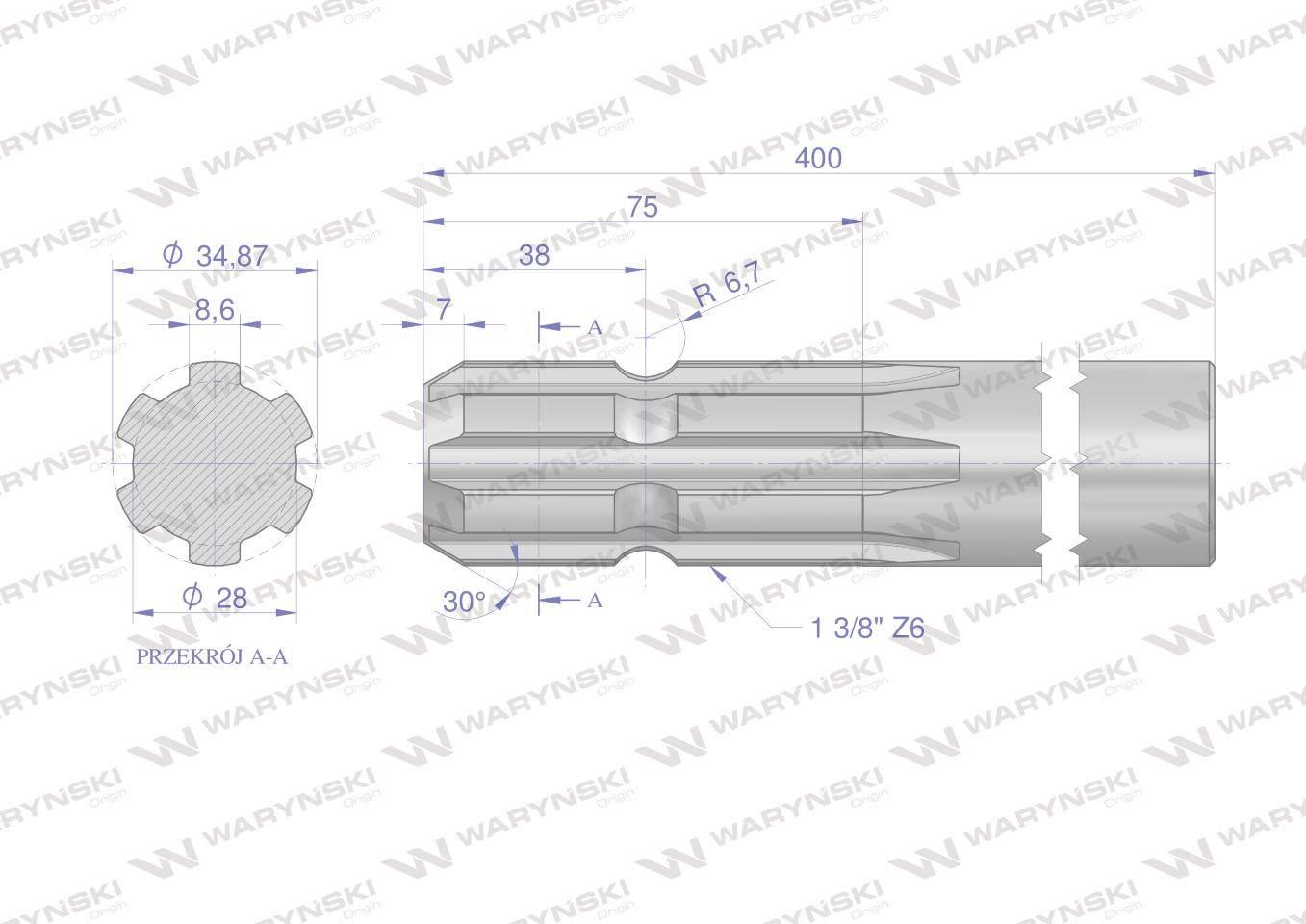 Wałek, WOM frezowany jednostronnie 400mm Z6 - 1 3/8, Waryński W-3210400 - zdjęcie 2