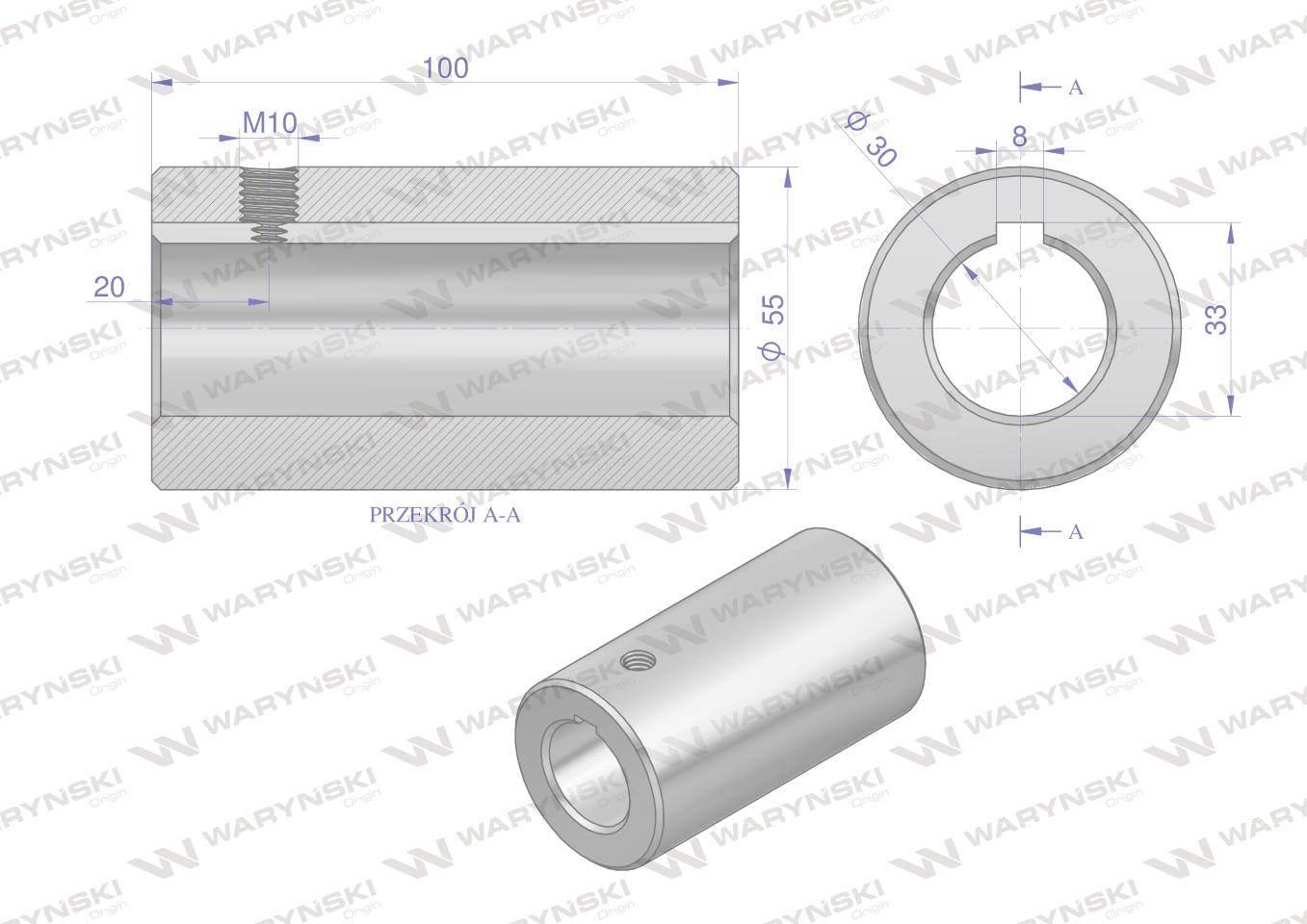 Tuleja, łącząca otwór fi 30mm z rowkiem na wpust 8mm 100mm, Waryński - zdjęcie 2