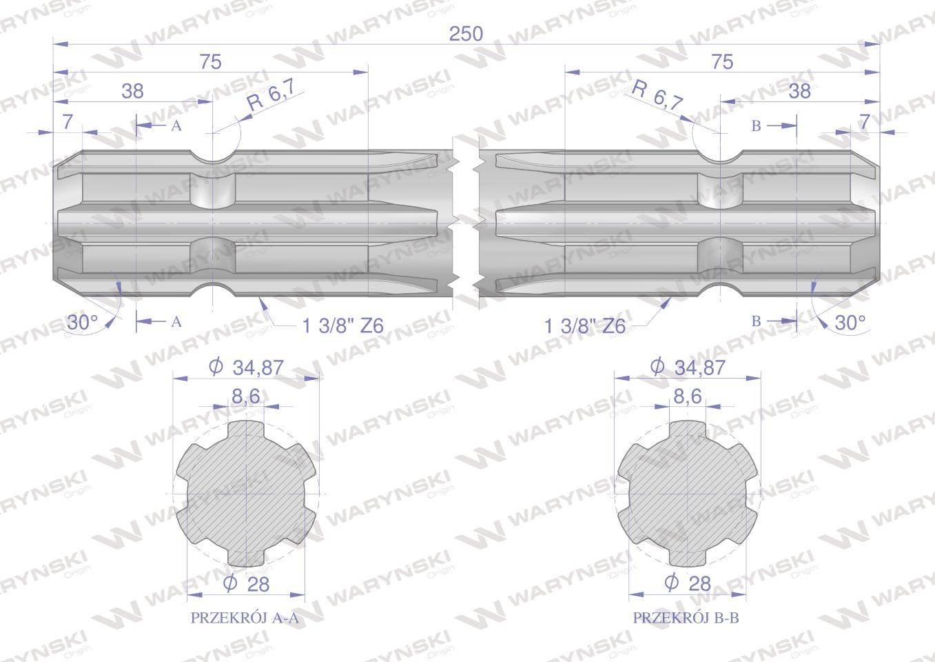 Wałek, WOM frezowany dwustronnie 250mm Z6 - 1 3/8, Waryński W-3310250 - zdjęcie 2