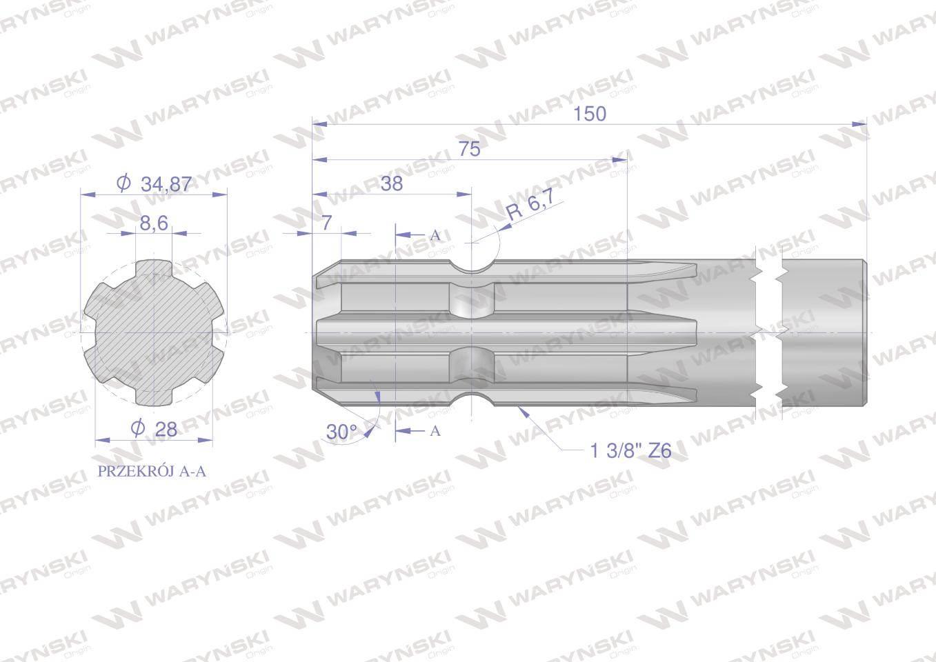 Wałek, WOM frezowany jednostronnie 150mm Z6 - 1 3/8, Waryński W-3210150 - zdjęcie 2