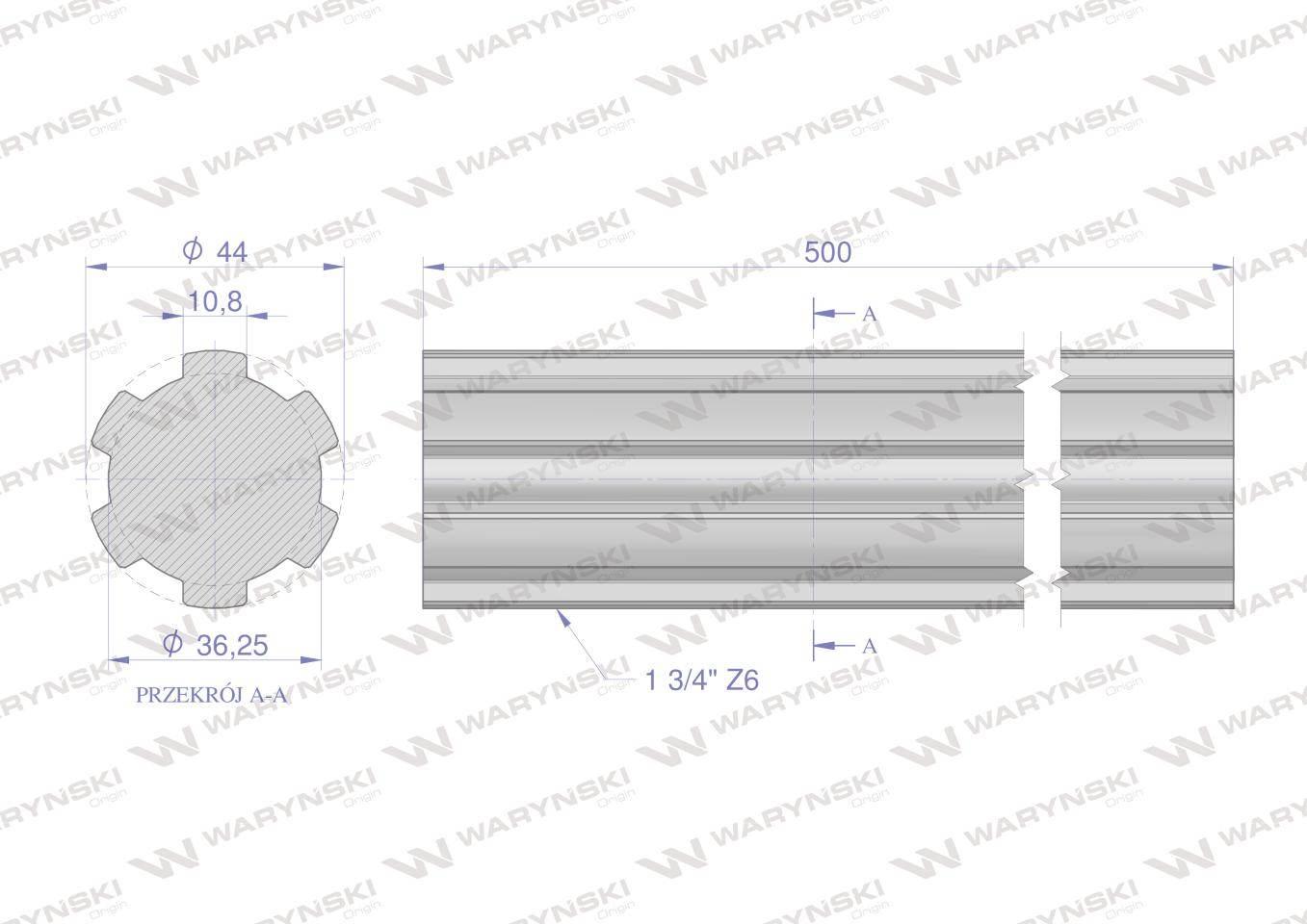 Wałek, WOM frezowany całościowo 500mm Z6 - 1 3/4, Waryński W-3450500 - zdjęcie 2