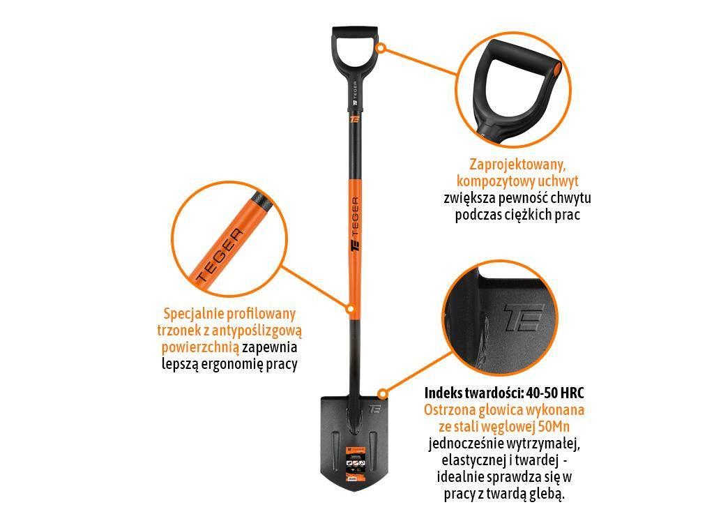 Szpadel szpiczasty na metalowym trzonku, (dł. 1250 mm), Teger T-G-SSMT-03 - zdjęcie 3