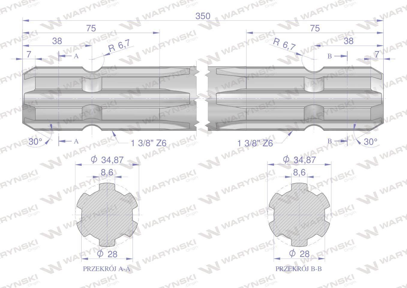 Wałek, WOM frezowany dwustronnie 350mm Z6 - 1 3/8, Waryński W-3310350 - zdjęcie 2