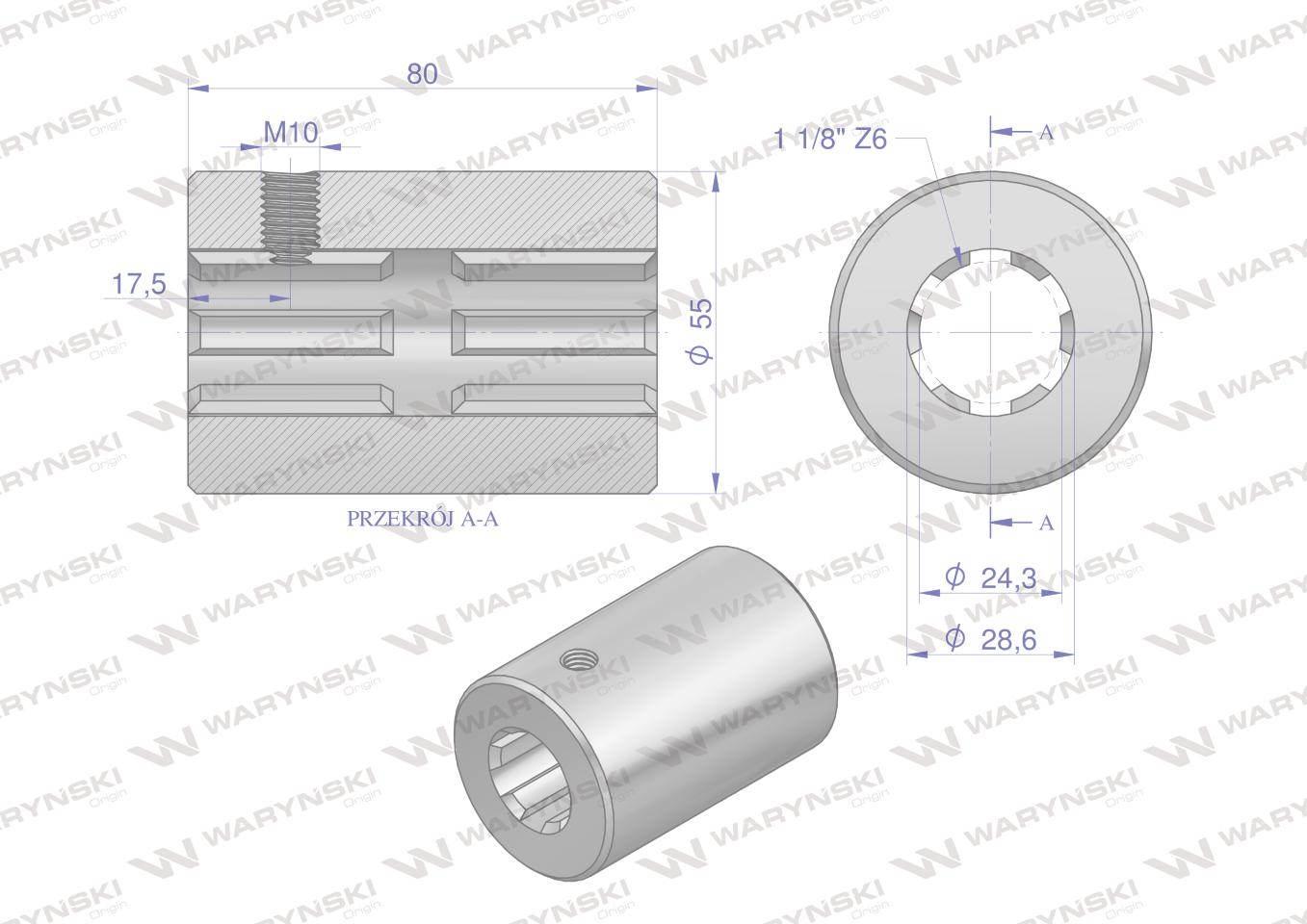Tuleja, WOM łącząca frezowana 80mm Z6 - 1 1/8, Waryński W-3642080 - zdjęcie 2