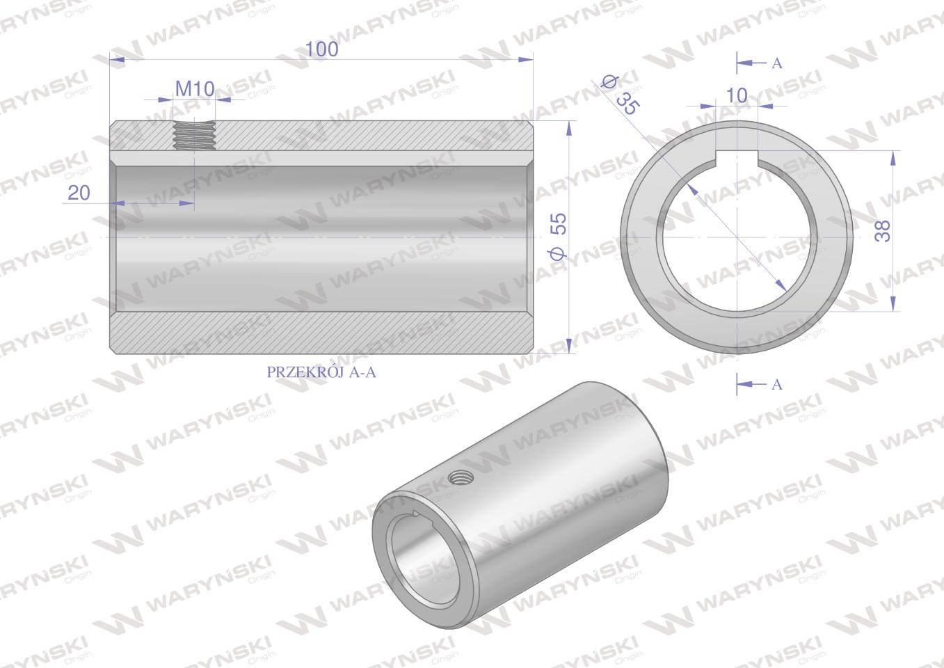 Tuleja, łącząca otwór fi 35mm z rowkiem na wpust 10mm 100mm, Waryński - zdjęcie 2