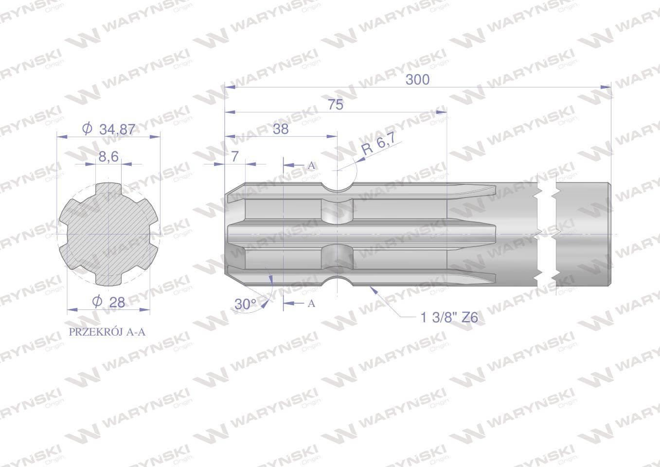 Wałek, WOM frezowany jednostronnie 300mm Z6 - 1 3/8, Waryński W-3210300 - zdjęcie 2