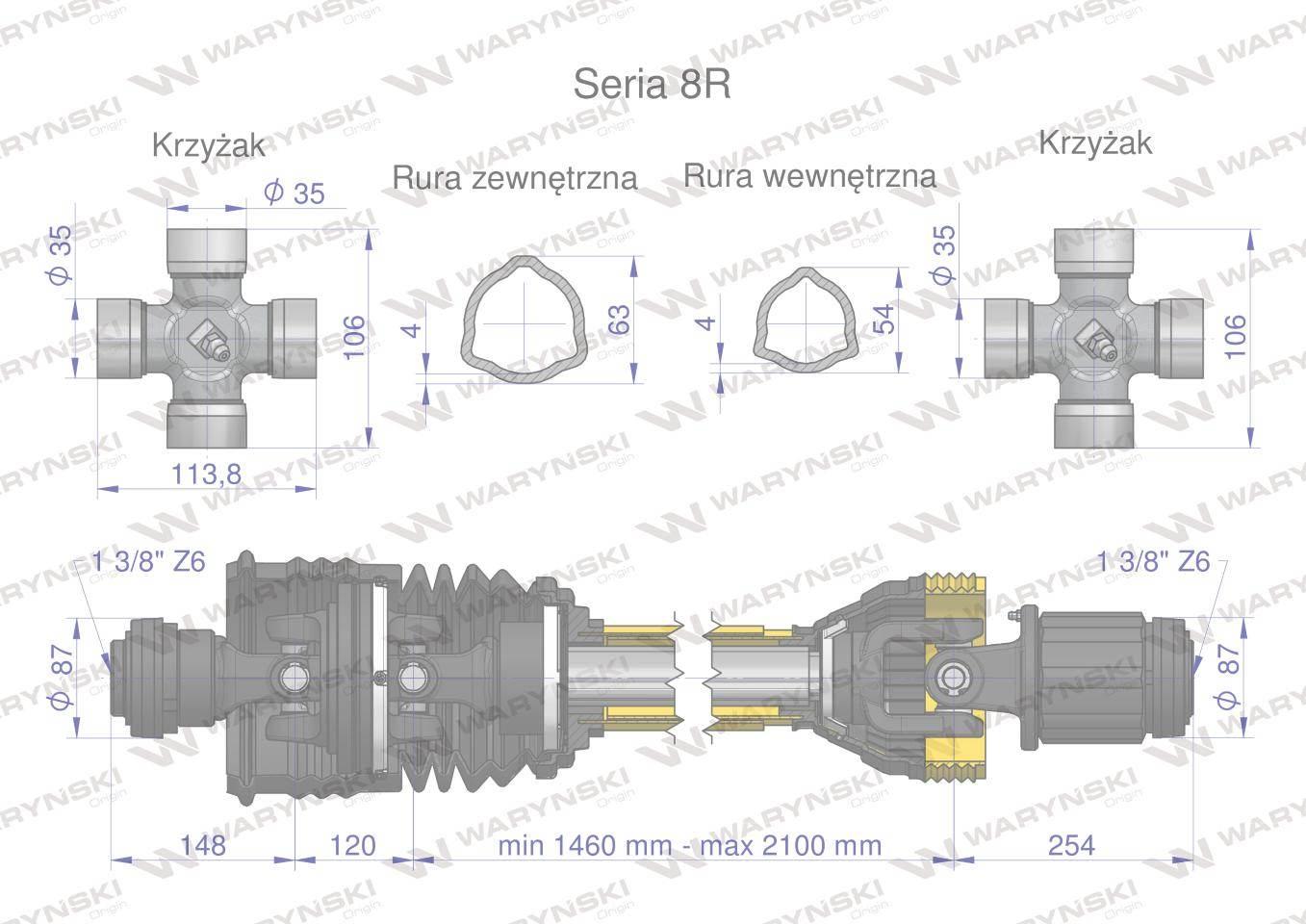 Wał, przegubowo-teleskopowy 1460-2100mm 1240Nm szerokokątny z drugiej stron - zdjęcie 2