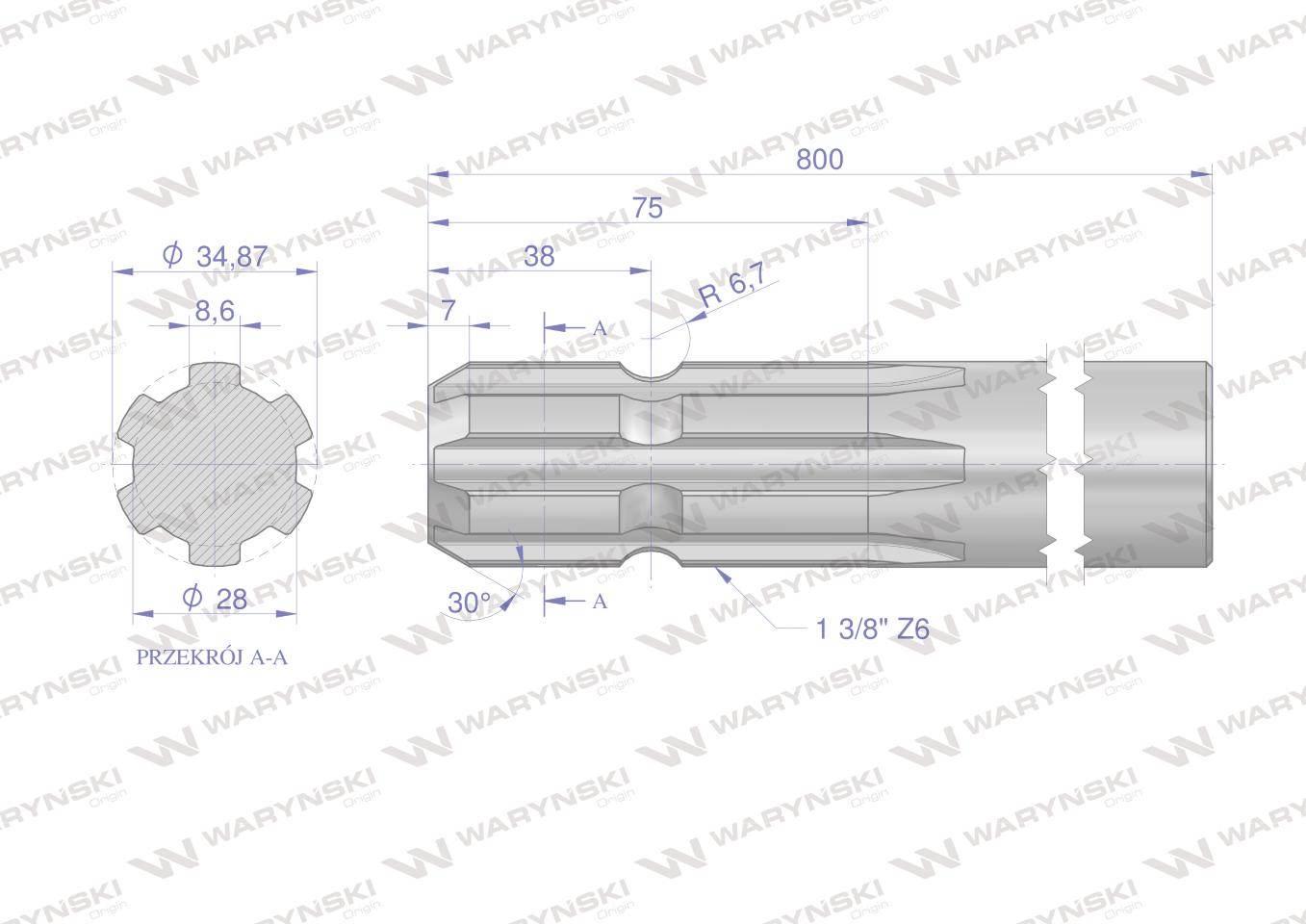 Wałek, WOM frezowany jednostronnie 800mm Z6 - 1 3/8, Waryński W-3210800 - zdjęcie 2