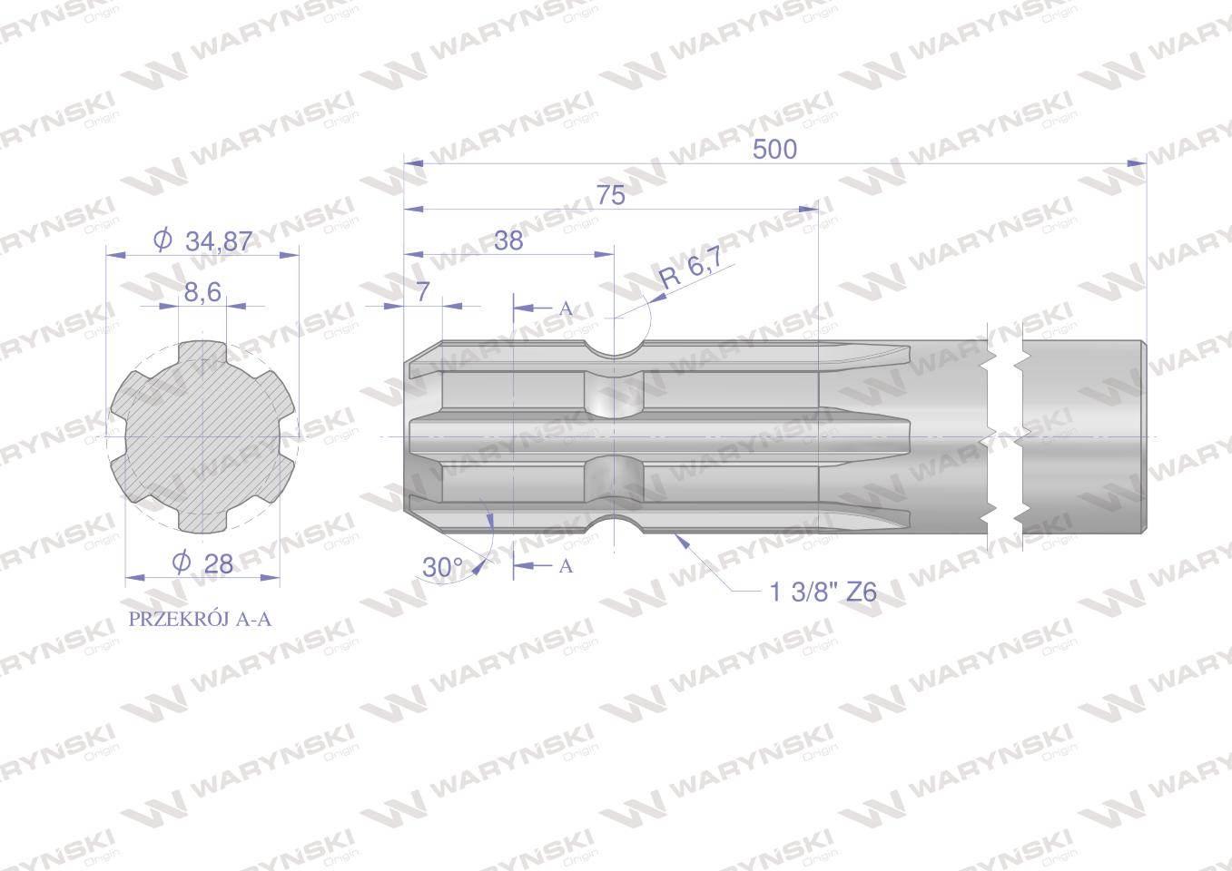 Wałek, WOM frezowany jednostronnie 500mm Z6 - 1 3/8, Waryński W-3210500 - zdjęcie 2