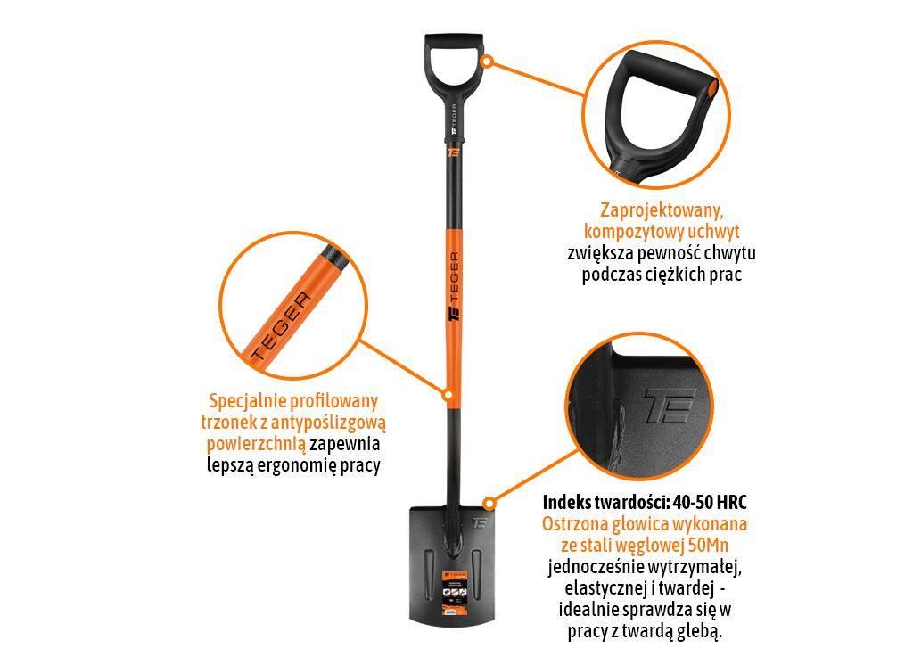 Szpadel prosty na metalowym trzonku, (dł. 1250 mm), Teger T-G-SPMT-03 - zdjęcie 3