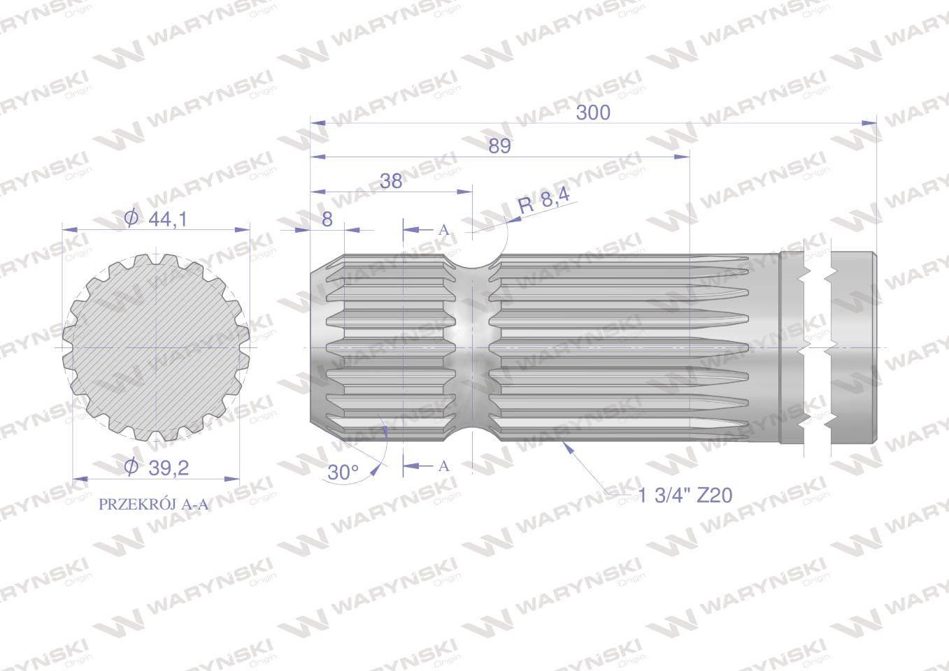 Wałek, WOM frezowany jednostronnie 300mm Z20 - 1 3/4, Waryński W-3270300 - zdjęcie 2
