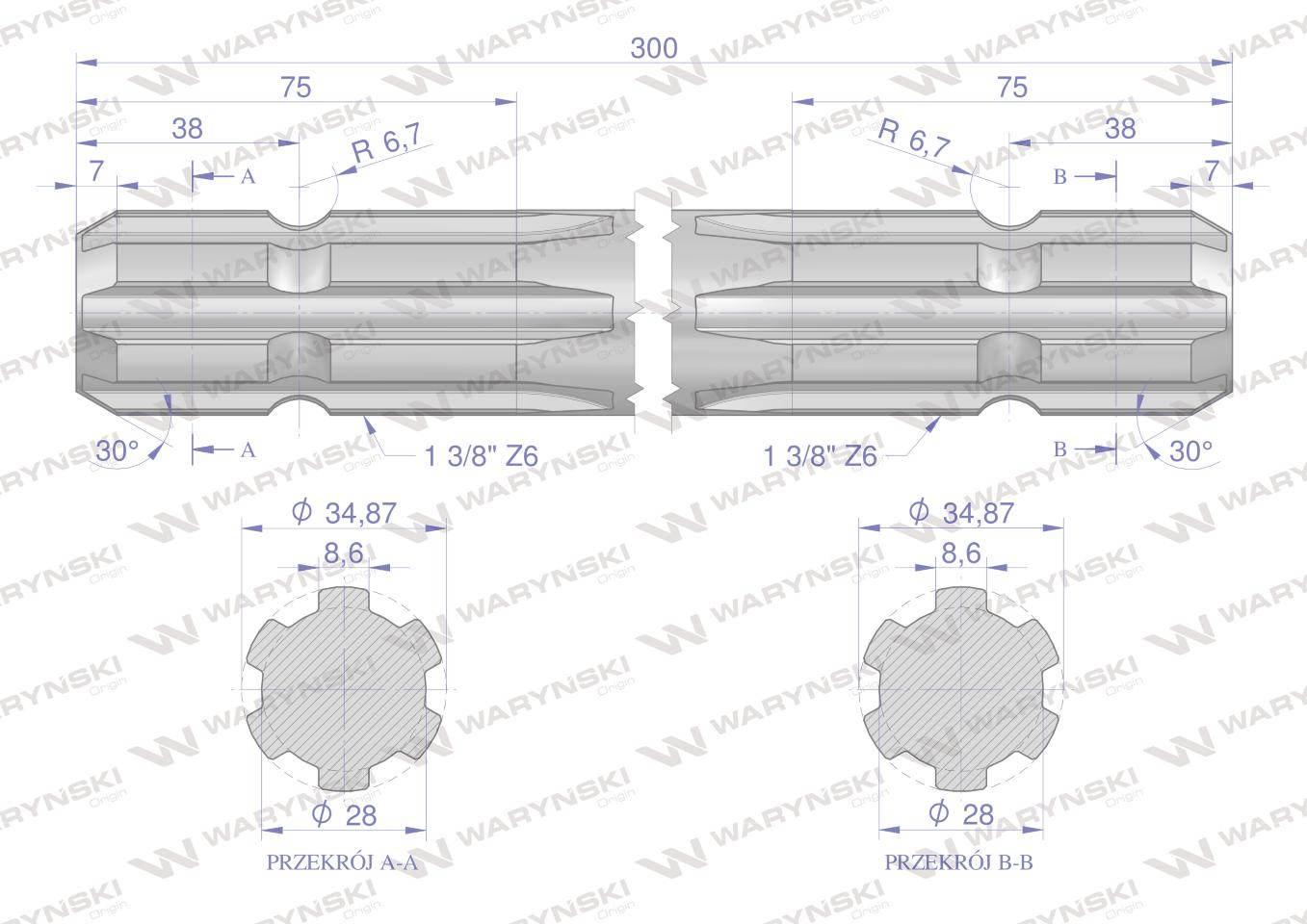 Wałek, WOM frezowany dwustronnie 300mm Z6 - 1 3/8, Waryński W-3310300 - zdjęcie 2