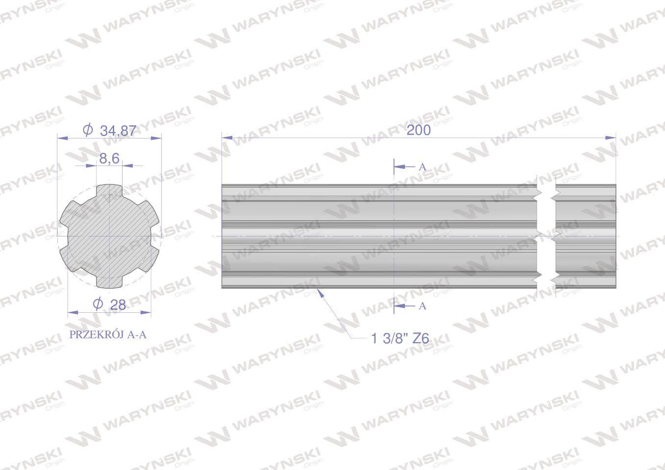 Wałek, WOM frezowany całościowo 200mm Z6 - 1 3/8, Waryński W-3410200 - zdjęcie 2