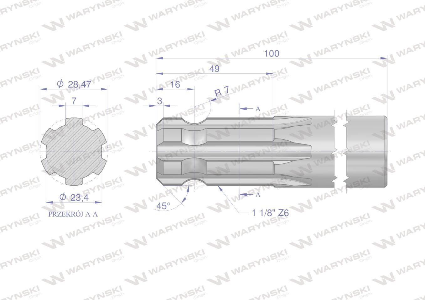 Wałek, WOM frezowany jednostronnie 100mm Z6 - 1 1/8, Waryński W-3240100 - zdjęcie 2