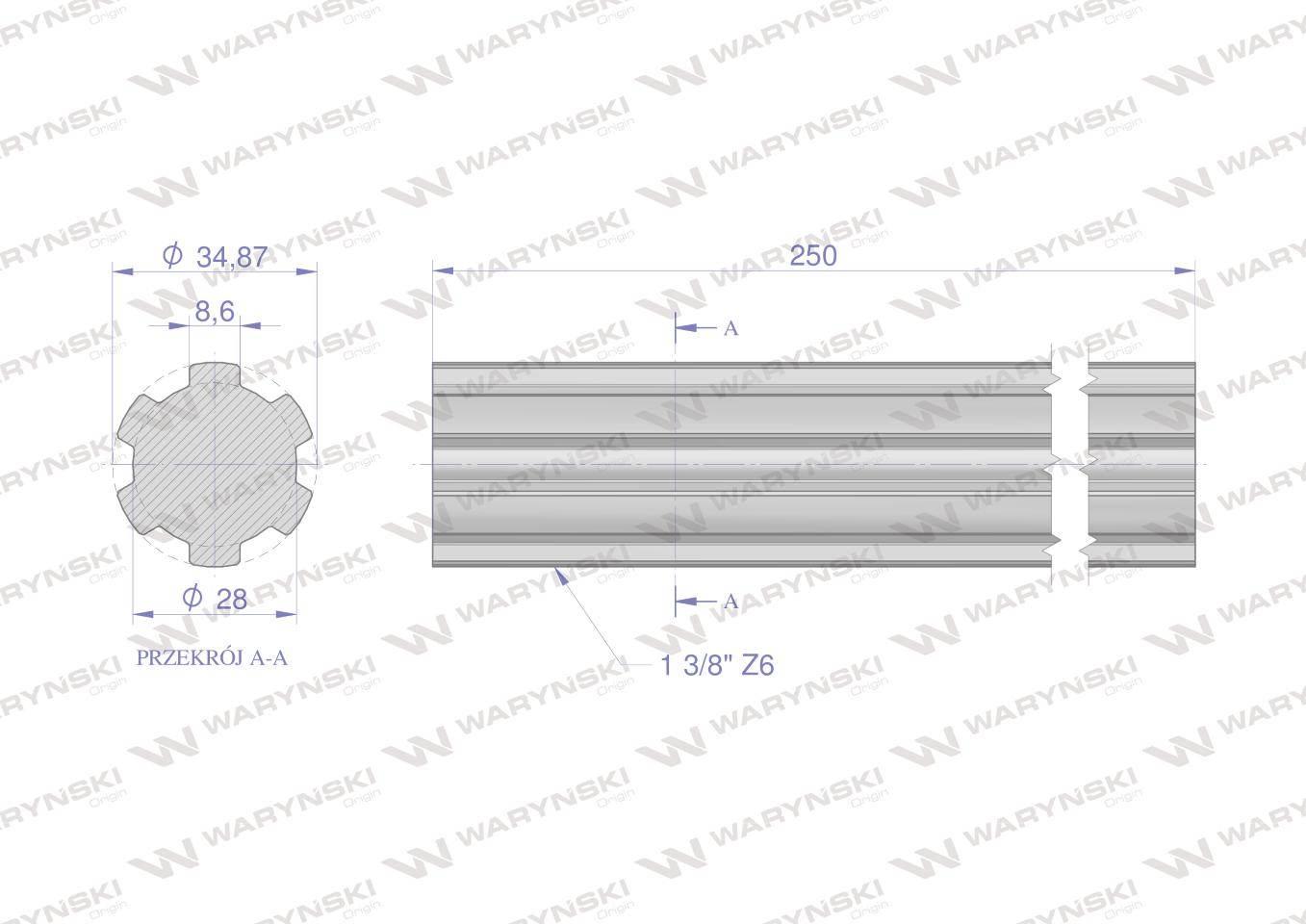 Wałek, WOM frezowany całościowo 250mm Z6 - 1 3/8, Waryński W-3410250 - zdjęcie 2