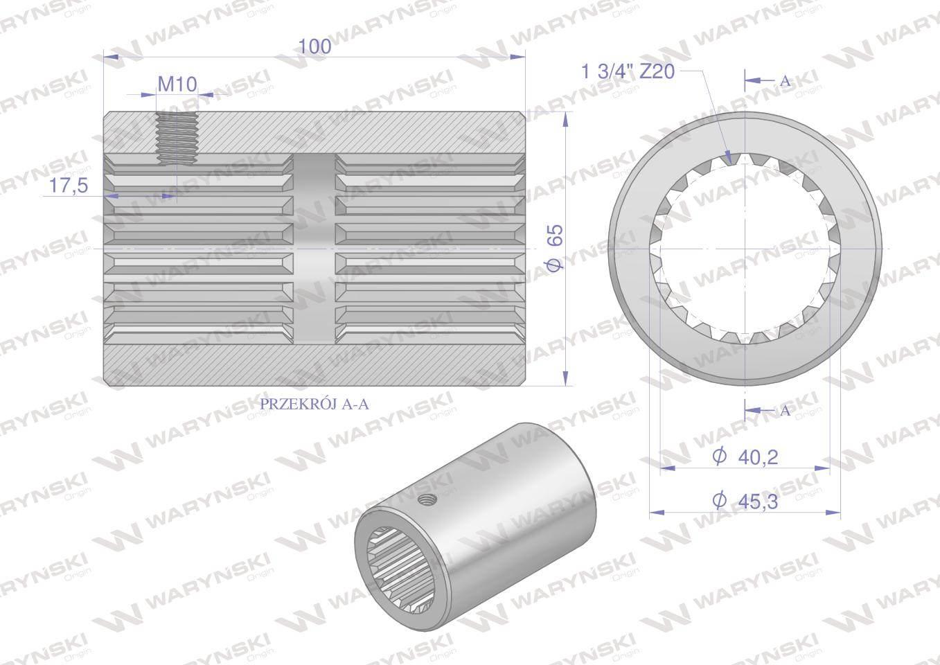 Tuleja, WOM łącząca frezowana 100mm Z20 - 1 3/4, Waryński W-3672100 - zdjęcie 2