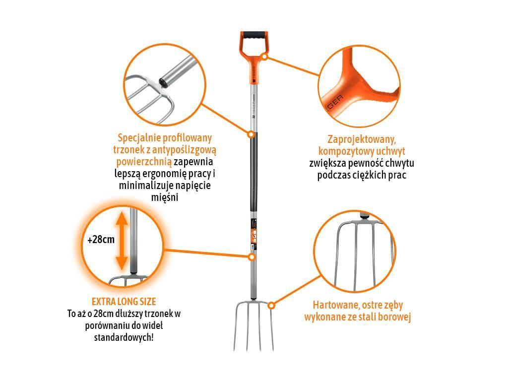 Widły gospodarcze 4-zębne na metalowym trzonku - Extra Long, (dł. 1580 mm) - zdjęcie 3