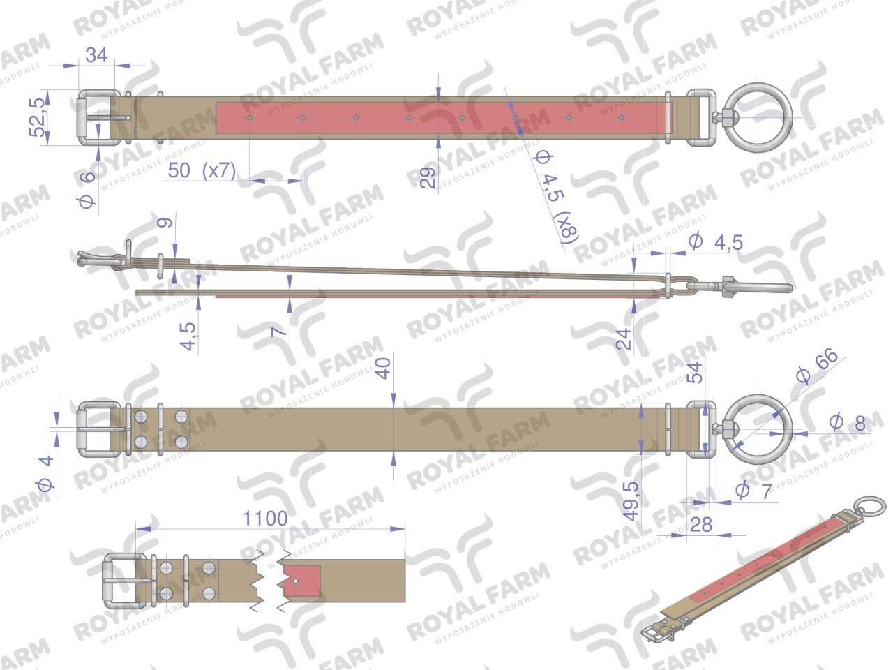 Obroża, 110 cm x 4 cm z okrętką 8 mm i rolką na klamrze, Royal Farm - zdjęcie 3