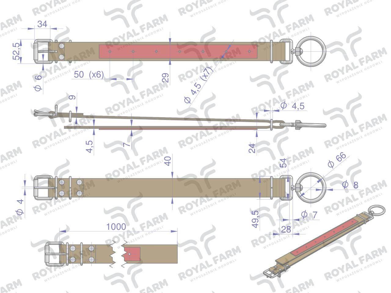 Obroża, 100 cm x 4 cm z okrętką 8 mm i rolką na klamrze, Royal Farm - zdjęcie 3