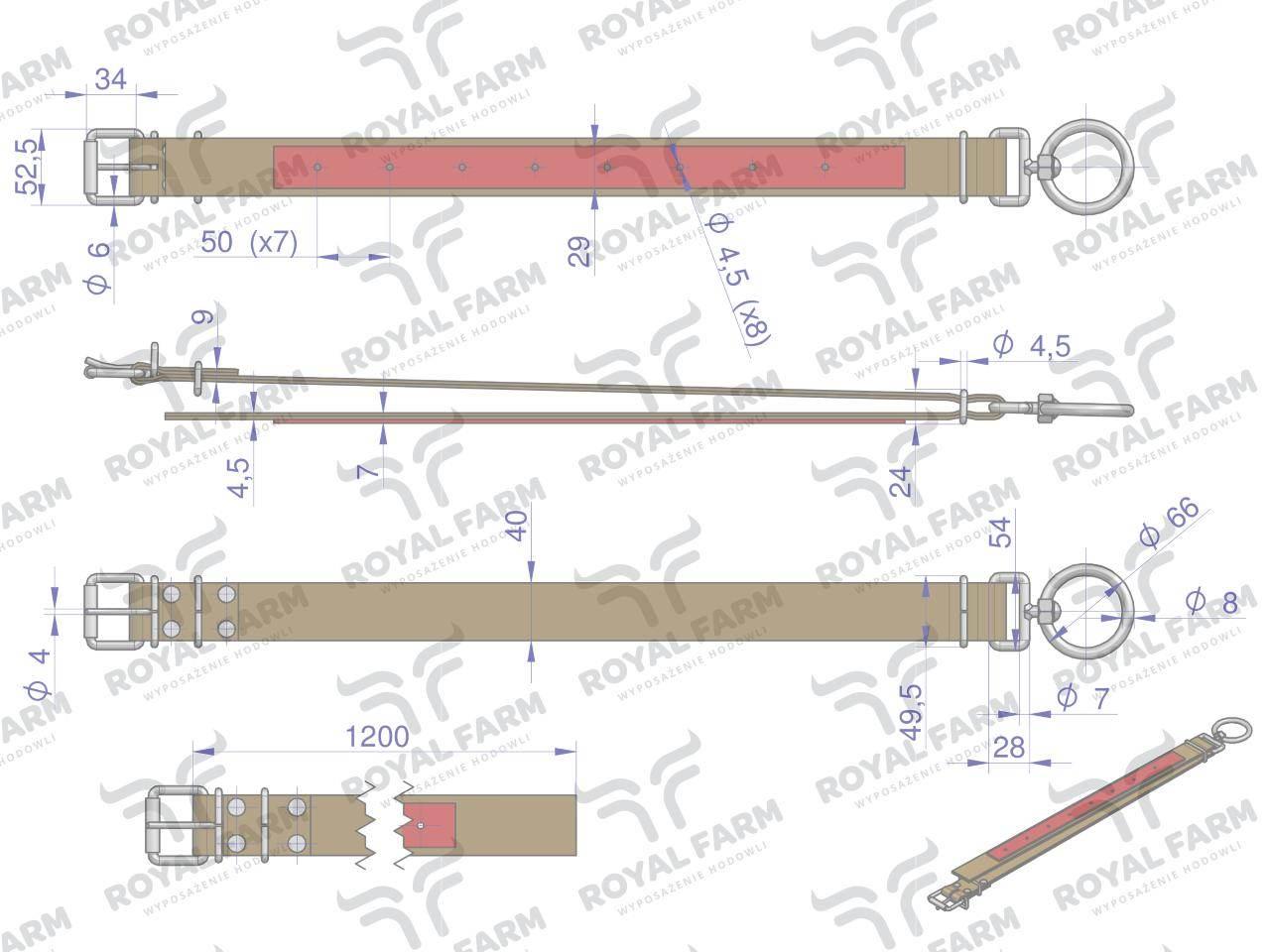 Obroża, 120 cm x 4 cm z okrętką 8 mm i rolką na klamrze, Royal Farm - zdjęcie 3