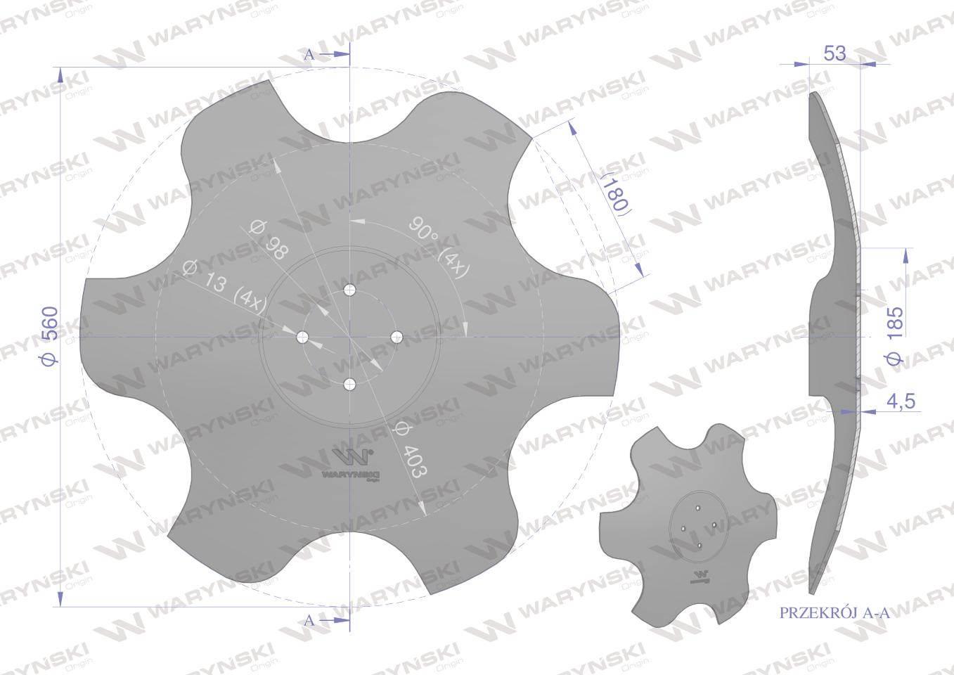Talerz, skrajny lewy fi 560 mocowanie 4/98 grubość 4,5 mm stal borowa, Wary - zdjęcie 2