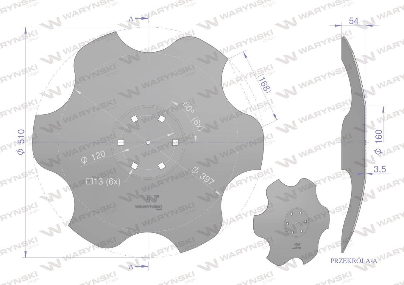 Talerz, skrajny lewy fi 510 mocowanie 6/120 grubość 3,5 mm stal borowa, War - zdjęcie 2