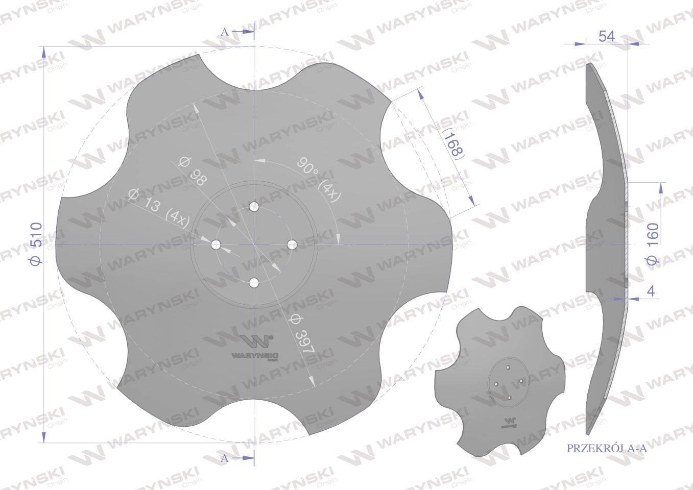 Talerz, skrajny lewy fi 510 mocowanie 4/98 grubość 4 mm stal borowa, Waryńs - zdjęcie 2