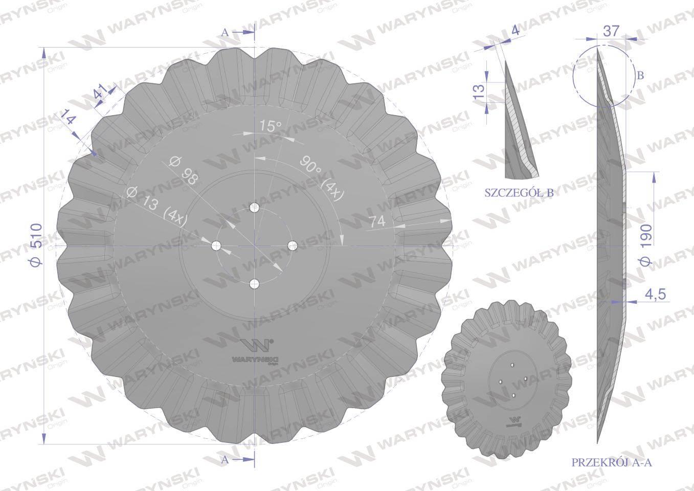 Talerz, tłoczony fi 510 mocowanie 4/98 grubość 4,5 mm stal borowa, Waryński - zdjęcie 2
