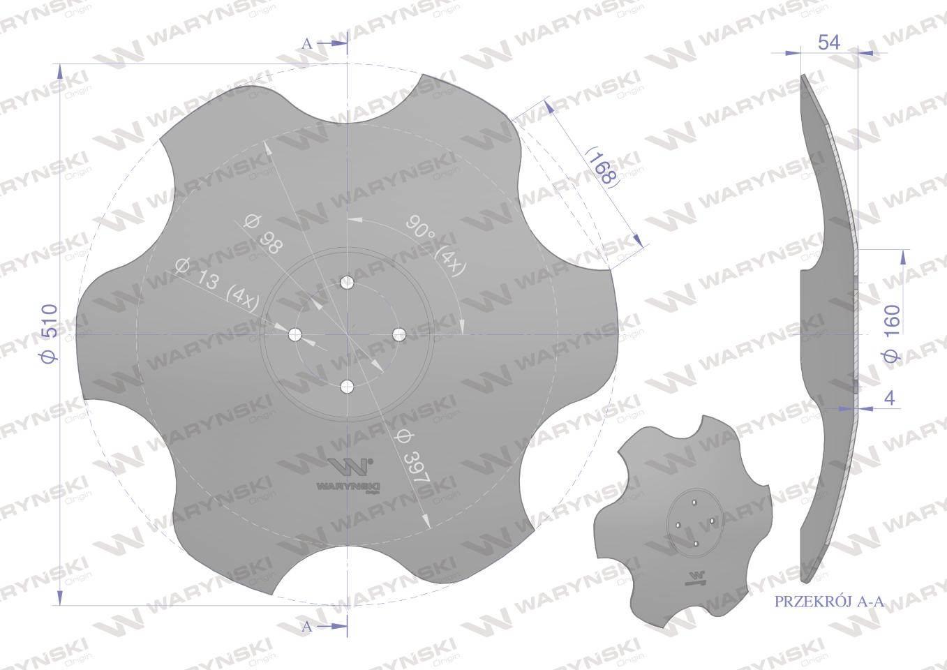 Talerz, skrajny prawy fi 510 mocowanie 4/98 grubość 4 mm stal borowa, Waryń - zdjęcie 2