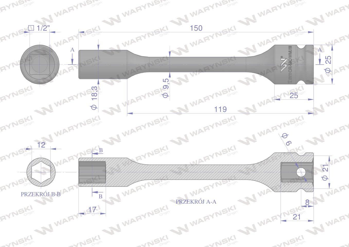 Nasadka udarowa 1/2", sześciokątna slim bardzo długa ze stali CrMo 12mm dłu - zdjęcie 2
