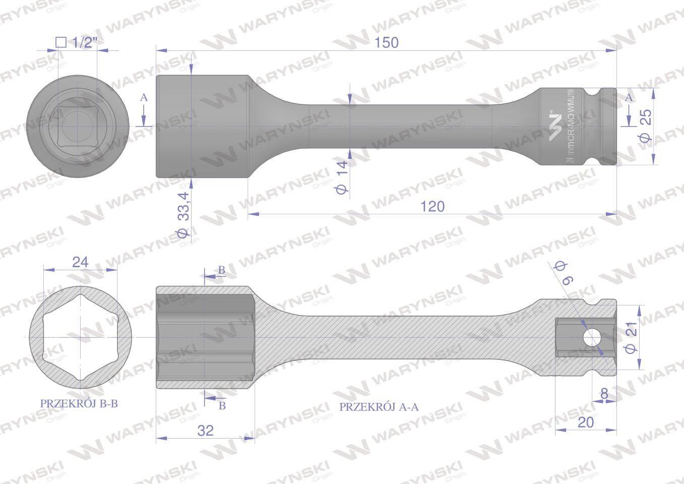 Nasadka udarowa 1/2", sześciokątna slim bardzo długa ze stali CrMo 24mm dłu - zdjęcie 2