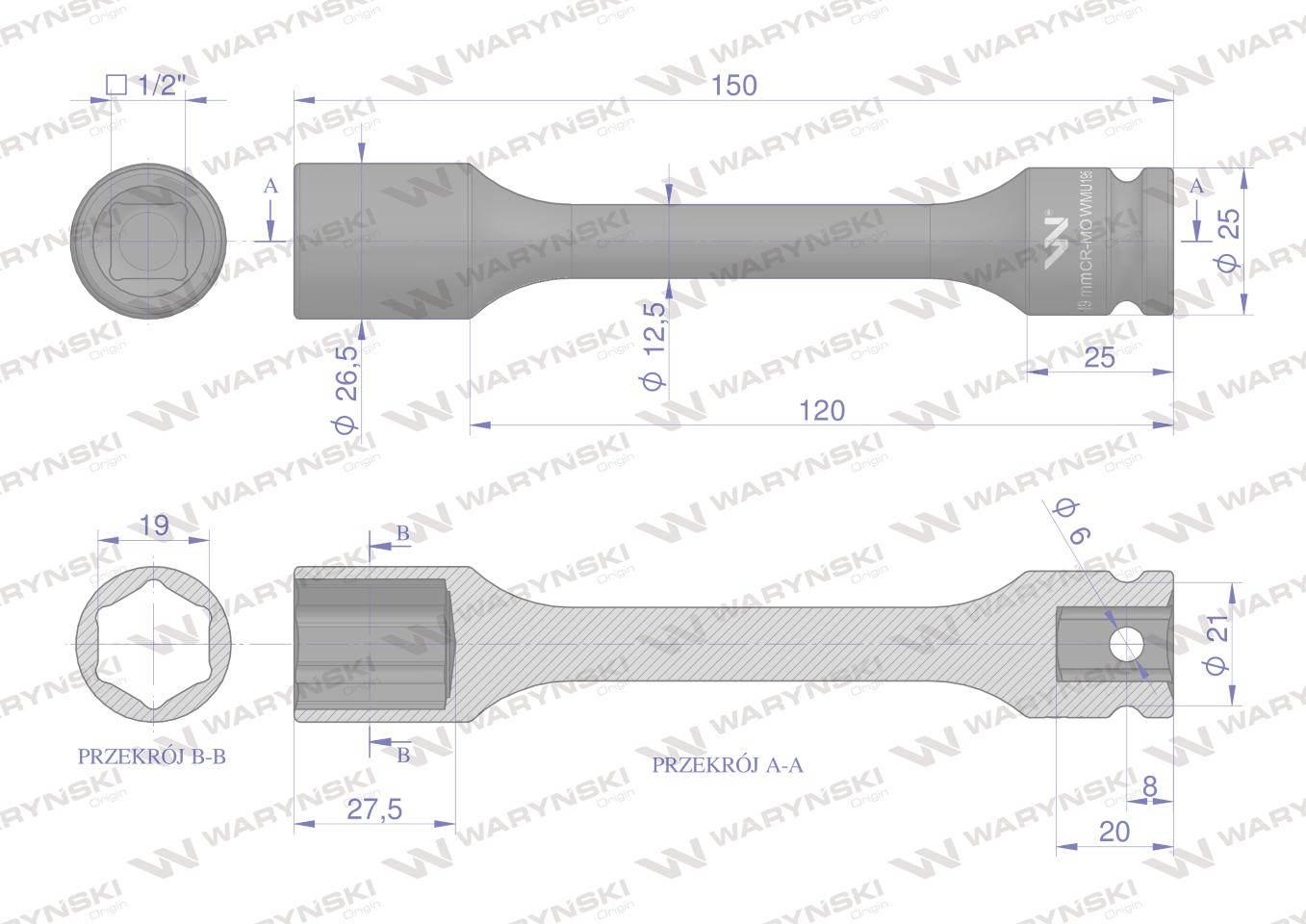 Nasadka udarowa 1/2", sześciokątna slim bardzo długa ze stali CrMo 19mm dłu - zdjęcie 2