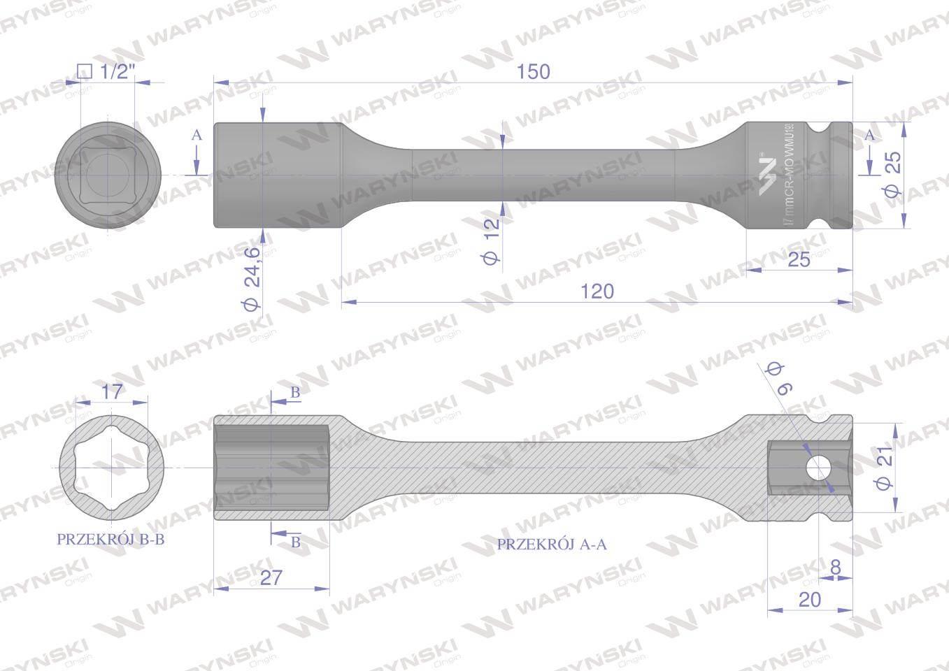 Nasadka udarowa 1/2", sześciokątna slim bardzo długa ze stali CrMo 17mm dłu - zdjęcie 2