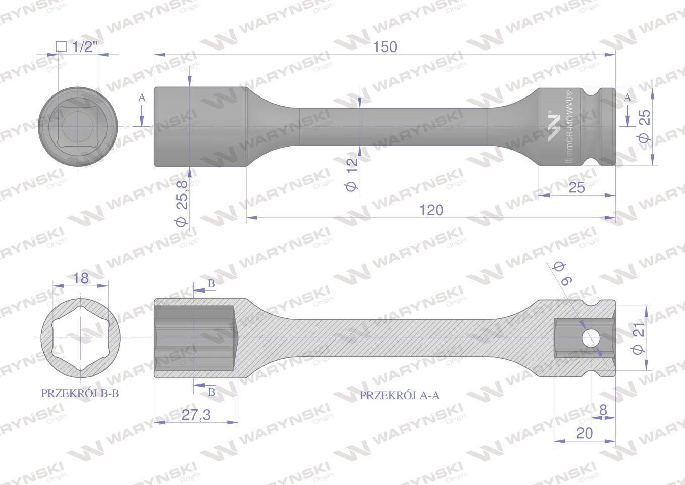 Nasadka udarowa 1/2", sześciokątna slim bardzo długa ze stali CrMo 18mm dłu - zdjęcie 2