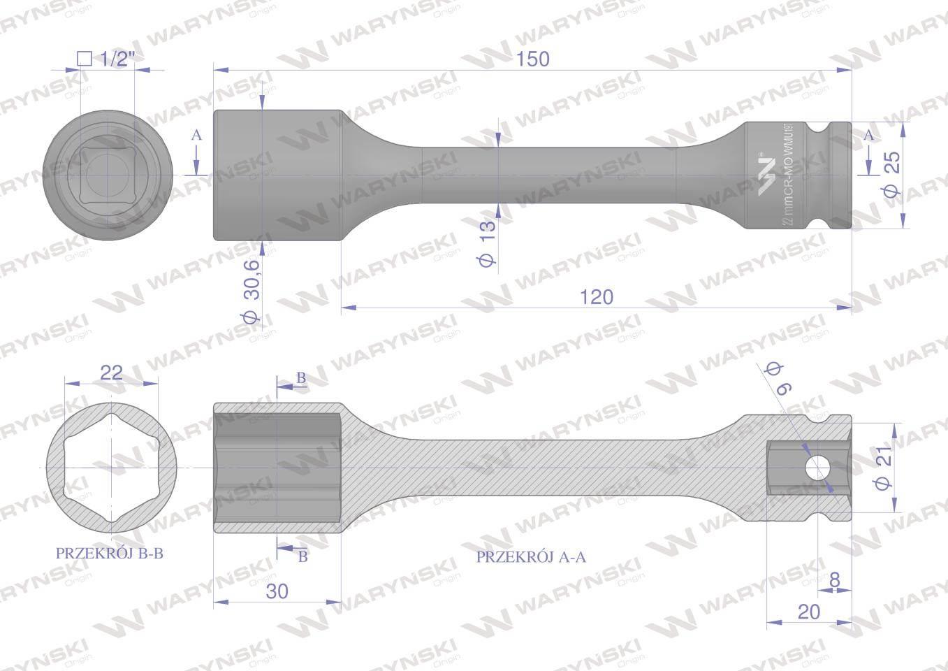Nasadka udarowa 1/2", sześciokątna slim bardzo długa ze stali CrMo 22mm dłu - zdjęcie 2