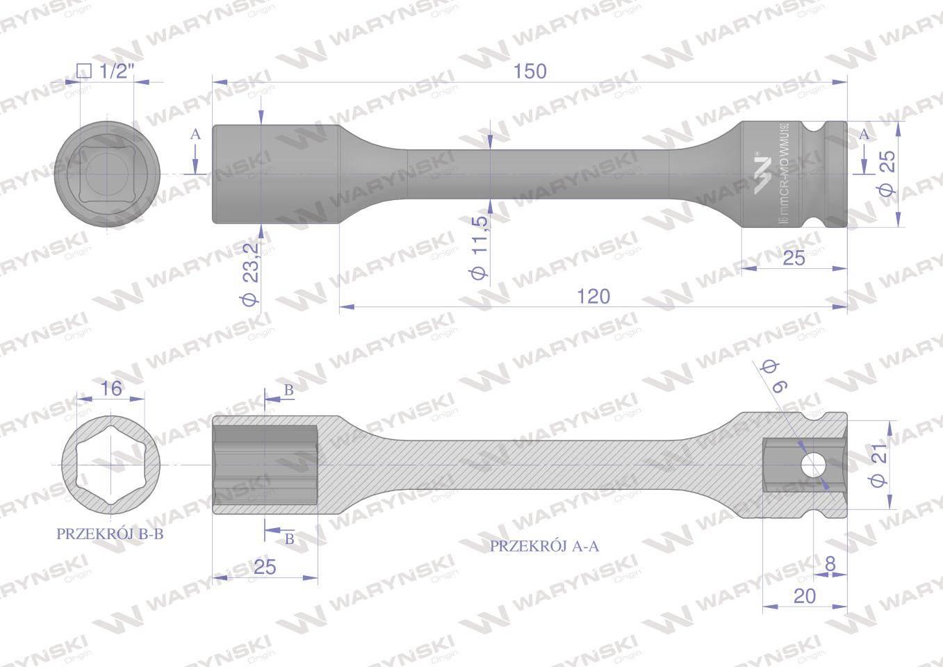 Nasadka udarowa 1/2", sześciokątna slim bardzo długa ze stali CrMo 16mm dłu - zdjęcie 2