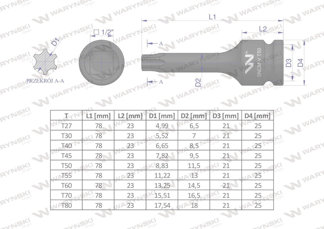 Zestaw nasadek udarowych 1/2 typu STAR TORX 9 el. ze stali CrMo, Waryński - zdjęcie 6