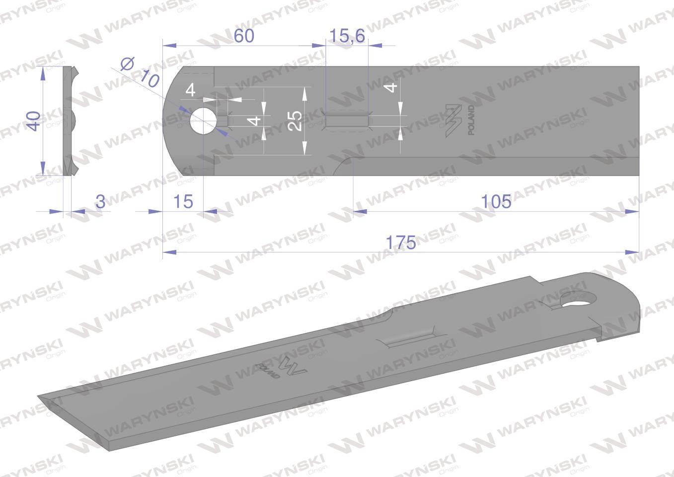 Nóż, stały rozdrabniacz słomy sieczkarnia 175x40x3mm otwór 10 zastosowanie - zdjęcie 2