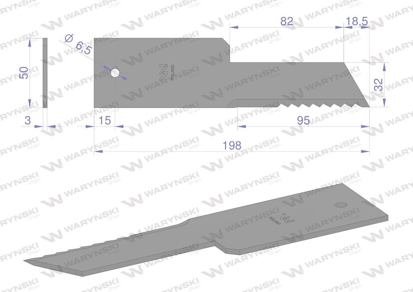 Nóż, stały rozdrabniacz słomy sieczkarnia 198x50x3mm otwór 6.5 zastosowanie - zdjęcie 2