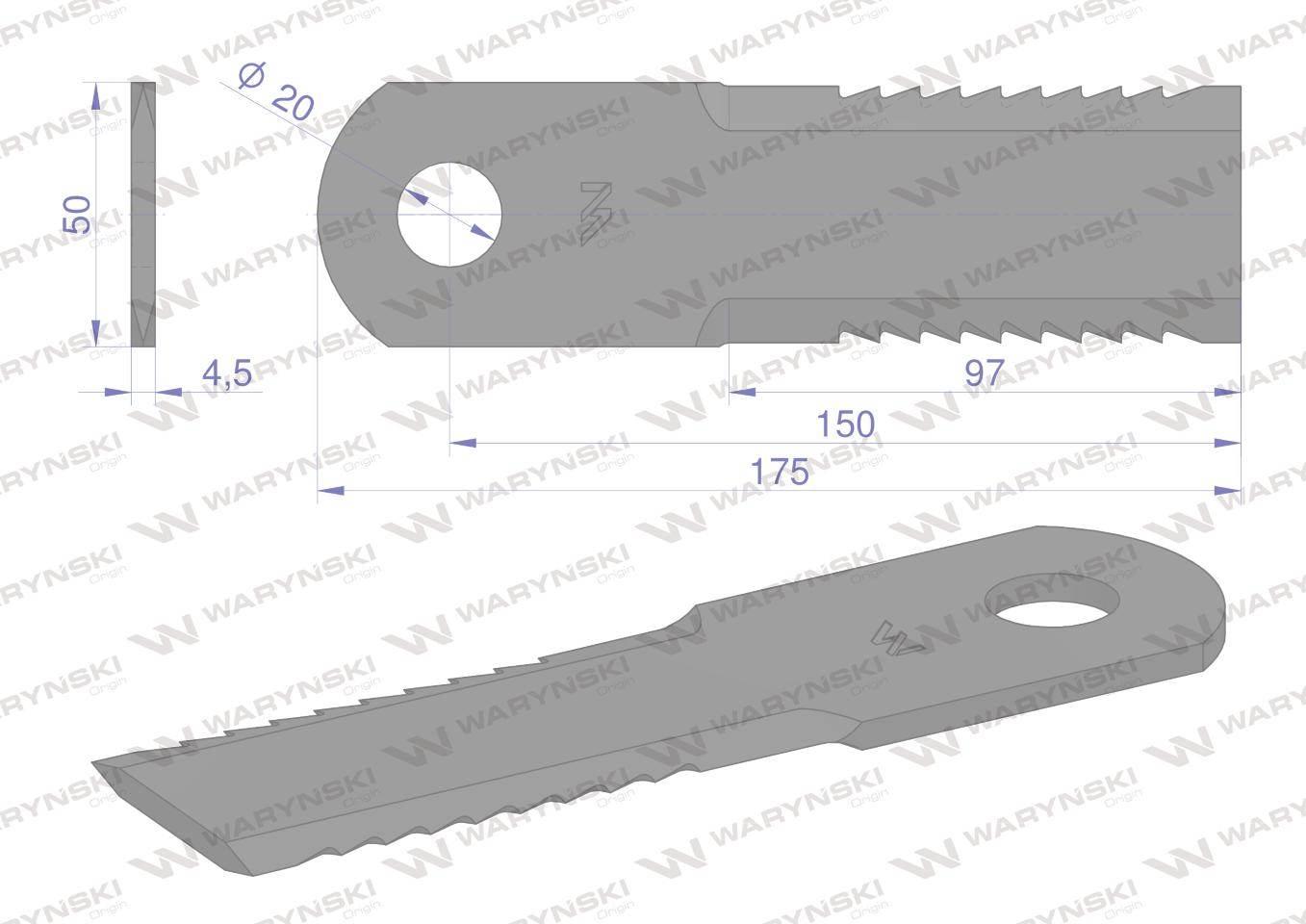 Nóż, obrotowy rozdrabniacz słomy sieczkarnia uzębiony 173x50x4.5mm otwór 20 - zdjęcie 2